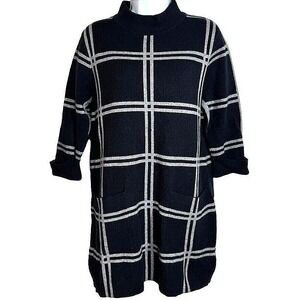 Baci Black White Windowpane Check Wool Blend Tunic Sweater Pockets Women's Large